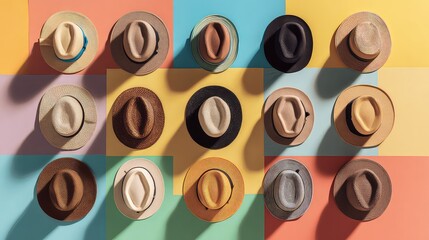 Diverse Collection of Stylish Hats Displayed on Vibrant Background with Shadows Creating a Playful Atmosphere