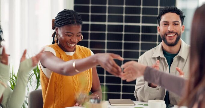 Success, handshake or people in office with smile, clap or approval of sustainable project. Applause, pitch or investor in agency with shaking hands, good news or agreement or eco friendly proposal.