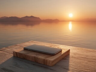 Black Smartphone Laying Flat on Wooden Block Overlooking Sunset Lake Mountain Landscape Relaxing Outdoor Scene