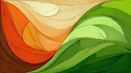 Colorful waves in warm orange and cool green tones create an abstract representation of nature. The smooth lines flow gracefully, showcasing the harmony between land and sky.