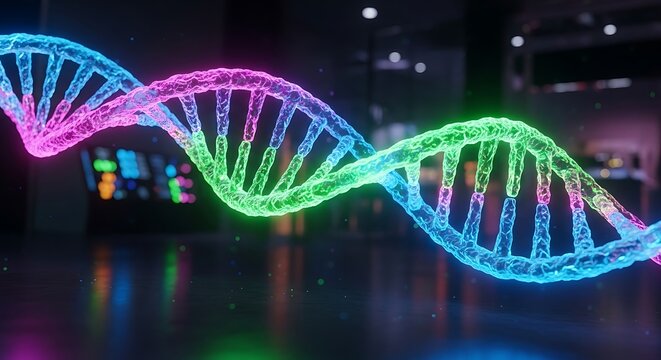 Colorful DNA Helix Illustration with Glowing Lights and Dark Background.