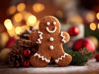 Charming Gingerbread Man Cookie Dusted Sugar Decorated Icing Festive Season Decorations Blurred Lights Back Tabletop