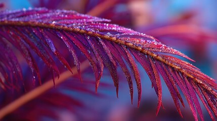 A vibrant purple leaf is detailed with glistening dew drops, set against a blurred background.