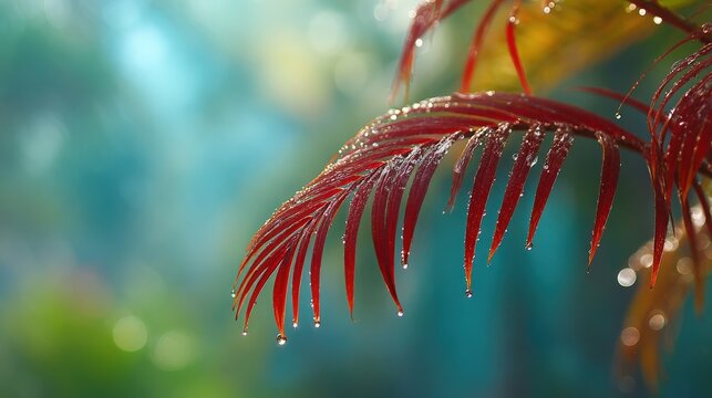 Lush green and vibrant red leaves are visible in a garden, adorned with glistening water droplets. Soft mist surrounds the foliage, creating a tranquil atmosphere in the early morning light.