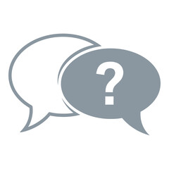 Two stylized speech bubbles one containing a question mark representing communication and inquiry silhouette