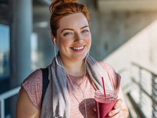Smiling red-haired woman holding a berry smoothie after workout, happy female wearing earphones and towel, fitness, healthy lifestyle, wellness, natural light, post-exercise refreshment, active life