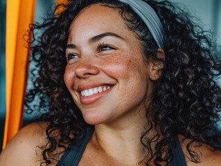 Joyful Woman close up Portrait with Freckles and Curly Hair Smiling Brightly Looking Away, expressing genuine happiness and natural beauty