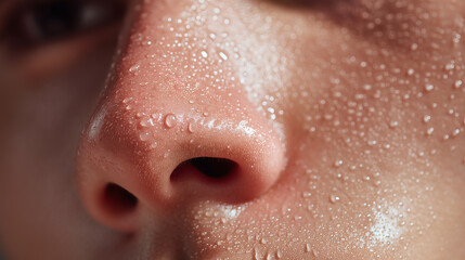 Fototapeta premium Extreme close up of asian male nose with visible pores, wet skin, and sweat droplets, highlighting natural texture and moisture in detailed and realistic manner