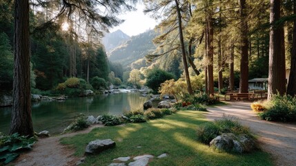 Lush green forest clearing with a tranquil pond reflecting sunlight and distant misty mountains under a clear sky
