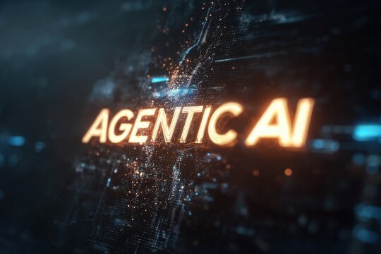 Bright glowing text reads Agentic AI against a dark, abstract background filled with digital patterns and sparks. The scene conveys a futuristic perspective on technology and intelligence.