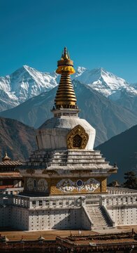 Chendebji chorten stupa against a backdrop of snowy mountains.