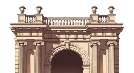 Fototapeta premium Illustration of a beige stone archway with columns and decorative railing on a white background.