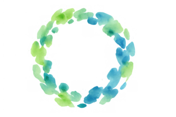 Watercolor splash wreath creating a decorative circular border, painted brushstrokes in green and blue on transparent background