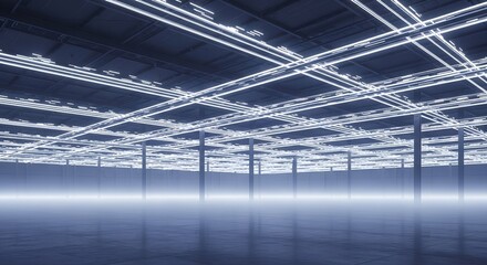 Naklejka premium Empty warehouse with glowing conveyor belts