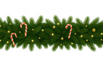 Christmas fir garland border decorating with candy canes, glowing lights, and golden ornaments, clear transparent background