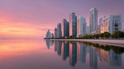 Fototapeta premium Modern city skyline at sunset with reflections in the water and a pink purple sky with illuminated skyscrapers and a waterfront promenade with trees