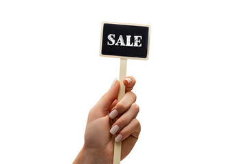 Close-up of woman holding blackboard with 