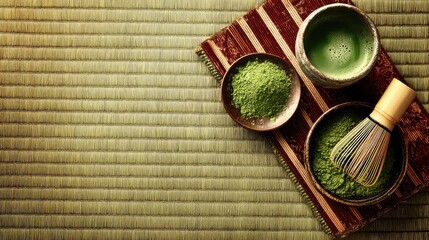 Matcha Green Tea Preparation with Traditional Tools on a Mat Background for Healthy Lifestyle Concepts