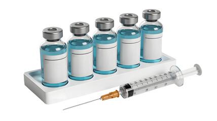 Vaccine bottles and syringe, healthcare professionals using medication for patient care, medical research and development, health and wellness promotion