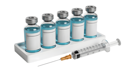 Vaccine bottles and syringe, healthcare professionals using medication for patient care, medical research and development, health and wellness promotion