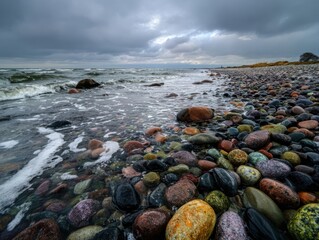 Dramatic Coastal Landscape Pebble Beach Overcast Sky Rough Sea Waves Nature Scenery Baltic Coastline Tranquil North Sea Environment