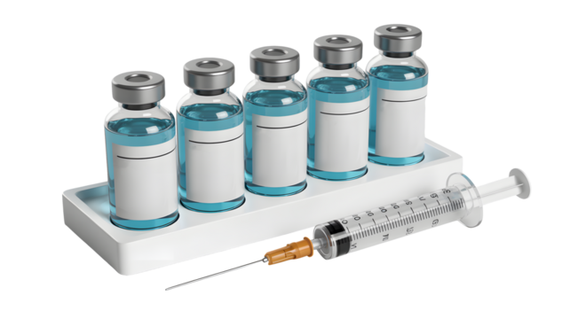 Vaccine bottles and syringe, healthcare professionals using medication for patient care, medical research and development, health and wellness promotion