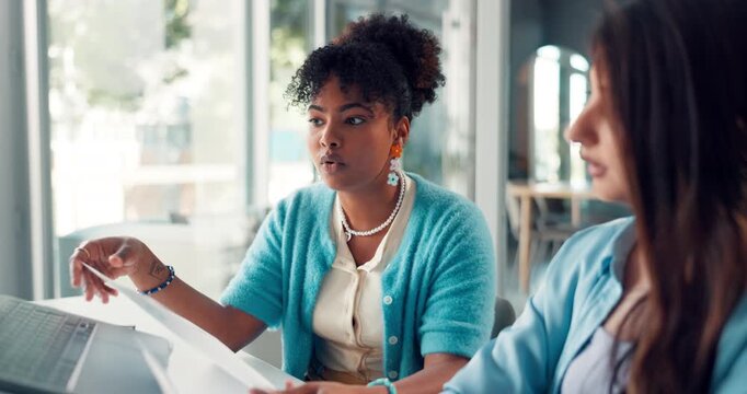 Business women, documents and team with laptop for finance, budget planning or project in office. Female people, employees or paperwork with computer for financial statistics or report in workplace