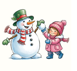 Watercolor Illustration of Child and Snowman for Christmas