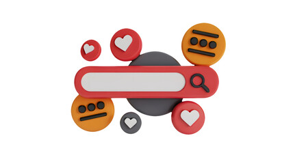 Modern 3D search bar with hearts and expressive icons, ideal for web design, social media, and app interfaces, perfect for digital marketing.