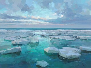 Artistic Representation Ice Floes in Turquoise Ocean Under Cloudy Sky Panoramic View Frozen Sea Artistic Interpretation Cold Climate Scenery Icy Waterscape