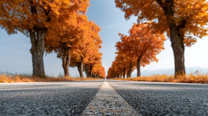 Low angle view of a paved road with a dividing line, extending into the distance, bordered by rows of trees displaying vibrant orange autumn foliage under a clear sky