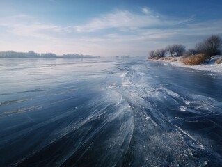 Frozen river landscape winter season cold weather ice formation crack pattern nature scenery outdoor view frosty trees shoreline blue sky cloudy atmosphere pristine wilderness
