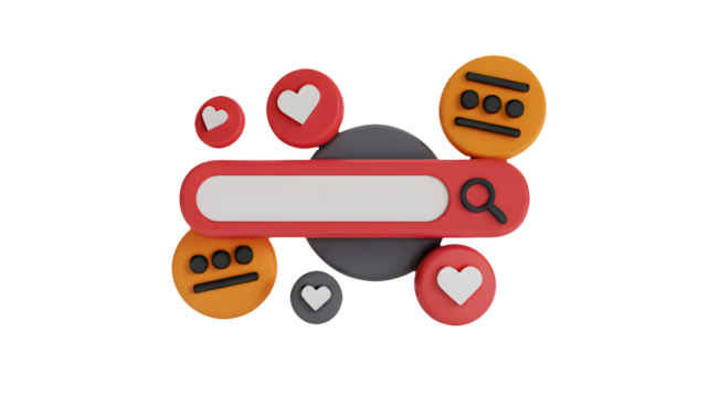 Modern 3D search bar with hearts and expressive icons, ideal for web design, social media, and app interfaces, perfect for digital marketing.
