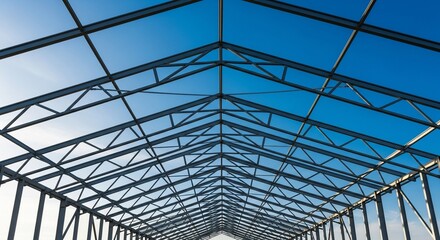 Detailed view of a large metal truss structure forming the framework of a building against a clear blue sky.