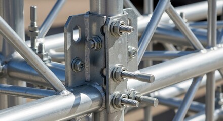 Close-up of a galvanized steel truss connection with bolts, nuts, and brackets.