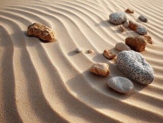 Zen Garden Serenity Textured Sand Waves Sunlit Rocks Natural Beauty Minimalist Beach Dune Formation Ripples Relaxation Tranquil Outdoor Scene Abstract Design