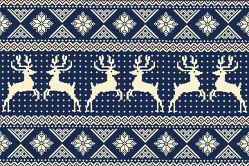 Seamless, traditional navy blue and cream Christmas pixel pattern. Featuring rows of majestic reindeer and classic geometric Nordic-style snowflakes and border © leonado-vector