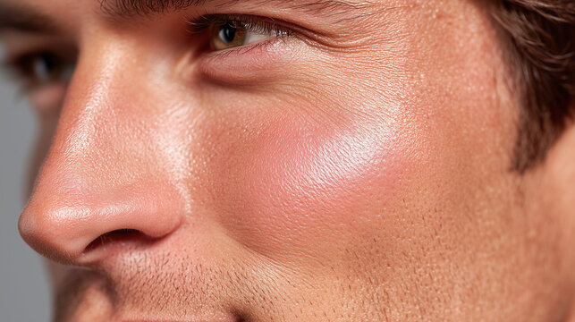 Extreme close up of male cheekbone with glowing healthy skin, smooth texture, natural complexion, and subtle facial hair detail, radiating confidence and vitality