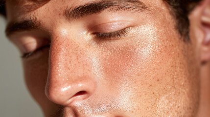 Fototapeta premium Extreme close up of male face fragment with closed eye, smooth skin, visible pores, natural freckles, and soft lighting, conveying calm and serene emotion