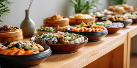 Asian catering buffet with sushi rolls and assorted appetizers arranged on wooden table, inviting and elegant presentation