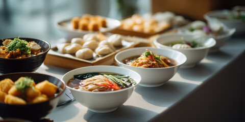 Asian noodle soup bowl with broth vegetables and herbs served on buffet table, warm inviting food presentation and varied dishes