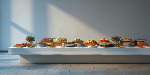 Long buffet table with assorted appetizers salads pastries and floral centerpieces in modern bright hall creating inviting festive atmosphere