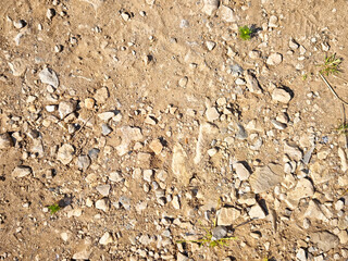 Texture of gravel ground with small rocks and sparse grass under bright sunlight