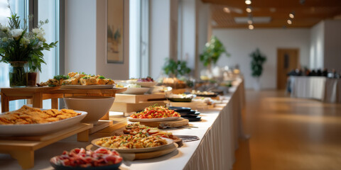 Wide shot eye level catering event table clean modern hall buffet spread with salads, platters and warm appetizers creating inviting festive