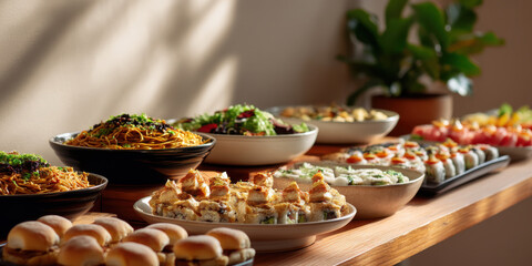 Buffet spread with noodles salad sushi and sliders in warm natural light creating inviting appetizing mood