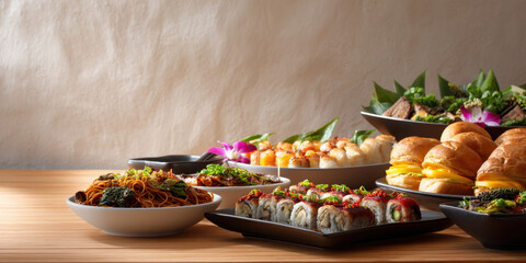 Thai noodle bowl, sushi roll platter, shrimp skewers and slider sandwiches arranged on wooden table with floral garnish and warm lighting