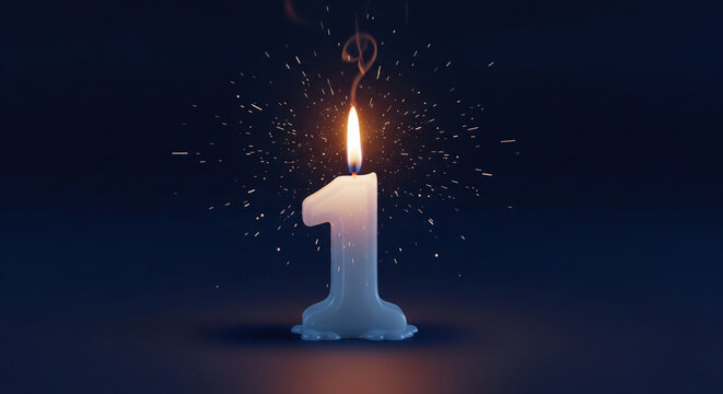 A white number one candle is lit, its flame burning brightly as the candle itself begins to break apart and emit sparks