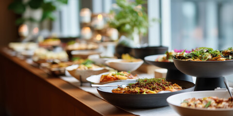 Elegant catering buffet featuring Japanese inspired dishes with fresh salads, warm rice bowls and vibrant garnishes creating inviting festive
