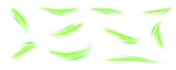 A set of neon green wavy lines. For ecology and health-related designs, summer and spring banners. Glowing neon motion lines and light green abstract trails.