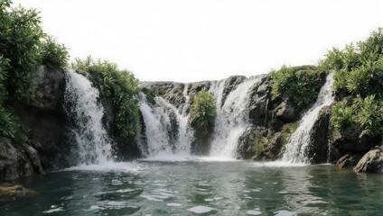 Fototapeta premium Majestic waterfall cascading into a serene pool surrounded by lush greenery.